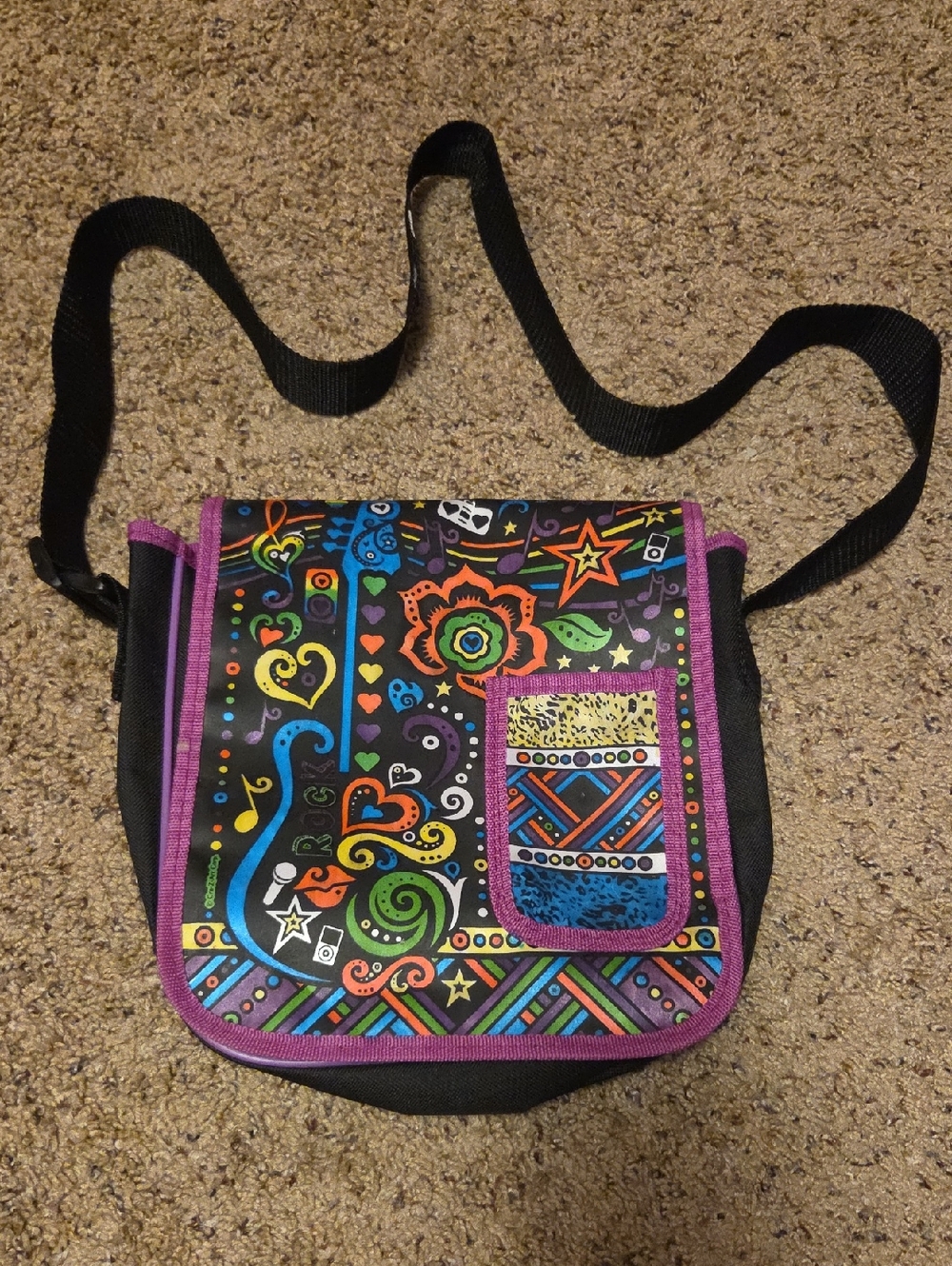 Black Crossbody Bag with Multicolor Floral & Geometric Print and Purple Trim